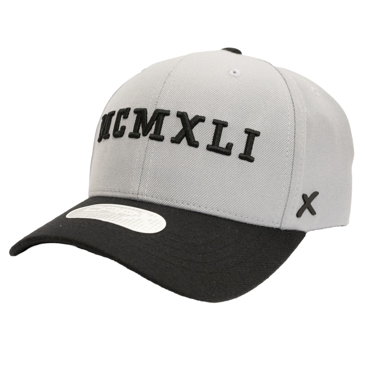 Structured adjustable grey vintage hat from the side with black accents with roman numerals reading “MCMXLI” on the front for 1941